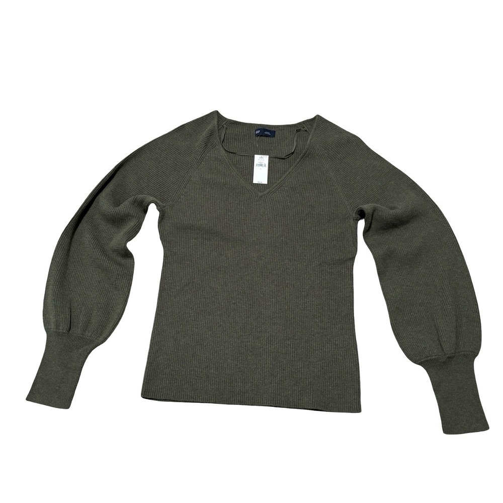 NWT Gap Women's Ribbed V Neck Long Sleeve Sweatshirt Green Size Large 16.5 x 24‎